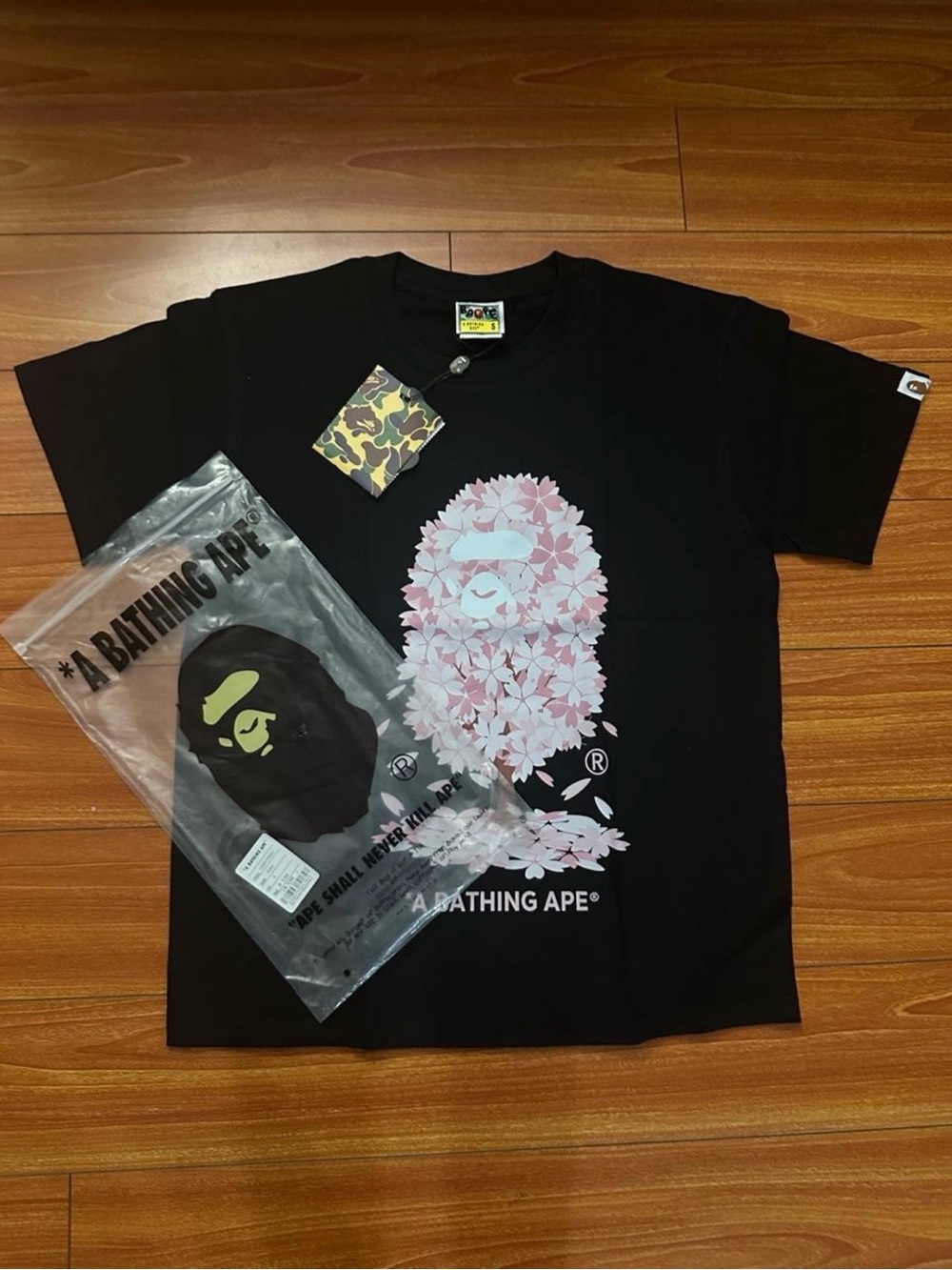 Bape Black Tee with Pink Floral Ape Graphic